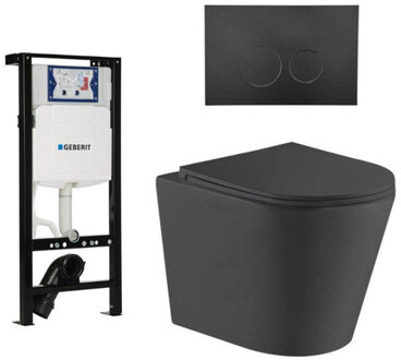 Geberit QeramiQ Dely Toiletset - 36.3x51.7cm - diepspoel - rimless - Inbouwreservoir met Geberit UP320 spoelmechanisme - softclose toiletzitting - mat zwarte bedieningsplaat - ronde knoppen - zwart mat SW1026253/SW1381697/SW706188/SW1000768