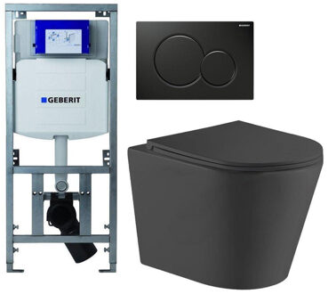 Geberit QeramiQ Dely Toiletset - Geberit UP320 inbouwreservoir - met Burda frame - zwart glanzende bedieningsplaat - toilet - zitting - mat zwart 0701131/0700524/SW1000768/SW1026253 Zwart mat