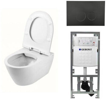 Geberit QeramiQ Salina Spoelrandloos toiletset inclusief toiletzitting, inbouwreservoir en mat zwart bedieningspaneel 0701131/sw96855/sw96857/SW706188/ Wit