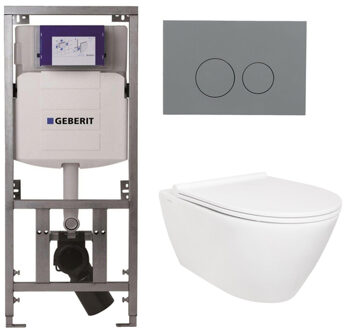 Geberit QeramiQ Salina Toiletset - rimless - Geberit inbouwreservoir - diepspoel wandcloset - softclose - quickrelease - bedieningsplaat licht grijs - ronde knoppen - wit 0701131/SW96855/SW96857/SW1102374