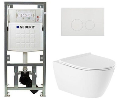 Geberit QeramiQ Salina Toiletset - rimless - Geberit inbouwreservoir - diepspoel wandcloset - softclose - quickrelease - ronde knoppen - wit 0701131/SW96855/SW96857/SW706186