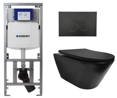 Geberit Wiesbaden Stereo toiletset rimless inclusief UP320 toiletreservoir met softclose zitting met bedieningsplaat mat zwart 0701131/SW706188/sw417829/ Zwart mat