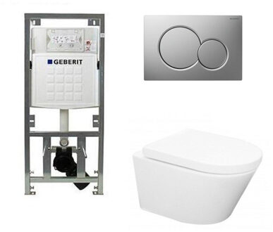 Geberit Wiesbaden Vesta toiletset Rimless 52cm inclusief UP320 toiletreservoir en softclose toiletzitting met bedieningsplaat glans verchroomd 0701131/0700519/sw65812/ Wit glans