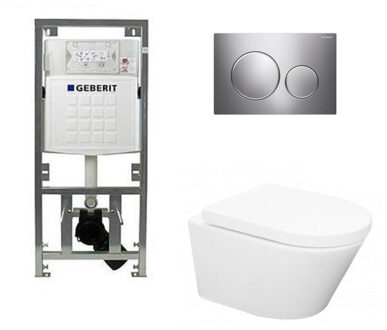 Geberit Wiesbaden Vesta toiletset Rimless 52cm inclusief UP320 toiletreservoir en softclose toiletzitting met bedieningsplaat sigma20 glans chroom 0701131/sw53742/sw65812/ Wit glans