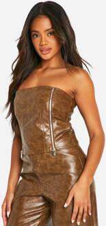 Gebleekt Imitatieleer Corset Met Ritssluiting Detail, Chocolate - 34