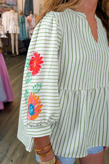 Gebloemde Geborduurde Gestreepte Top Ivoor