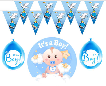 Geboorte baby jongen thema versiering - 19 artikelen - blauw - binnen - slingers - ballonnen - bord