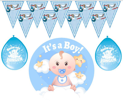 Geboorte baby jongen thema versiering - 19 artikelen - blauw - binnen - slingers - ballonnen - bord