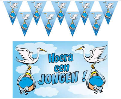 Geboorte baby jongen thema versiering - 3 artikelen - blauw - binnen - slingers - vlag