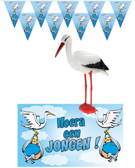 Geboorte baby jongen thema versiering - 4 artikelen - blauw - binnen - slingers - vlag - ooievaar