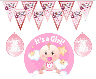 Geboorte baby meisje thema versiering - 19 artikelen - roze - binnen - slingers - ballonnen - bord