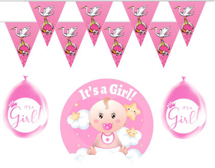 Geboorte baby meisje thema versiering - 19 artikelen - roze - binnen - slingers - ballonnen - bord