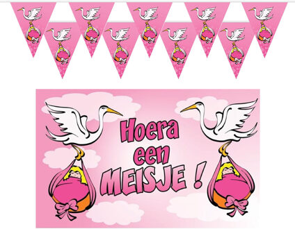 Geboorte baby meisje thema versiering - 3 artikelen - roze - binnen - slingers - vlag