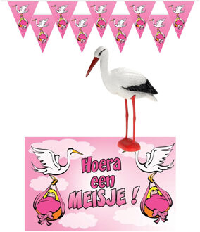 Geboorte baby meisje thema versiering - 4 artikelen - roze - binnen - slingers - vlag - ooievaar
