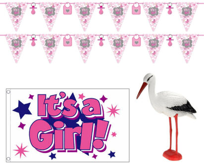 Geboorte baby meisje thema versiering - 4 artikelen - roze - binnen - slingers - vlag - ooievaar