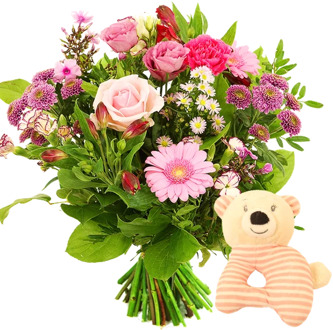 Geboorte boeket meisje + rammelaar