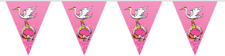 Geboorte thema vlaggenlijn / slinger - roze - met ooievaar - Meisje geboren - 500 cm