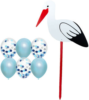 Geboorte versiering jongen - ooievaar geboorte bord - 100 cm hoog - 6x blauwe ballonnen