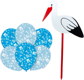 Geboorte versiering jongen - ooievaar geboorte bord - 100 cm hoog - 6x blauwe ballonnen