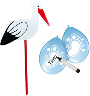 Geboorte versiering jongen - ooievaar geboorte bord - 100 cm hoog - 6x blauwe ballonnen