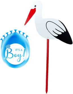 Geboorte versiering jongen - ooievaar geboorte bord - 100 cm hoog - 8x blauwe ballonnen