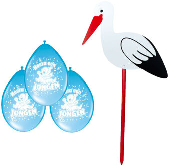 Geboorte versiering jongen - ooievaar geboorte bord - 100 cm hoog - 8x blauwe ballonnen