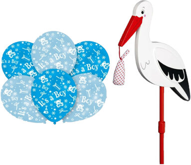 Geboorte versiering jongen - ooievaar geboorte bord - 77 cm hoog - 6x blauwe ballonnen