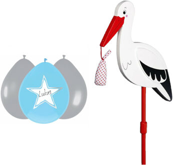 Geboorte versiering jongen - ooievaar geboorte bord - 77 cm hoog - 6x blauwe ballonnen