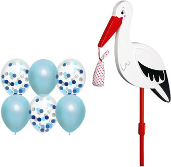 Geboorte versiering jongen - ooievaar geboorte bord - 77 cm hoog - 6x blauwe ballonnen