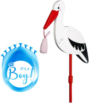 Geboorte versiering jongen - ooievaar geboorte bord - 77 cm hoog - 8x blauwe ballonnen