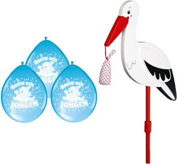 Geboorte versiering jongen - ooievaar geboorte bord - 77 cm hoog - 8x blauwe ballonnen