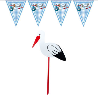 Geboorte versiering jongen - ooievaar geboortebord - 100 cm hoog - vlaggenlijn blauw - 10 meter - Feestdecoratievoorwerp