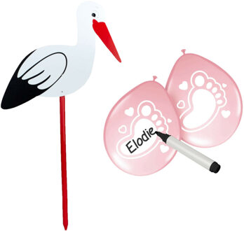 Geboorte versiering meisje - ooievaar geboorte bord - 100 cm hoog - 6x roze ballonnen