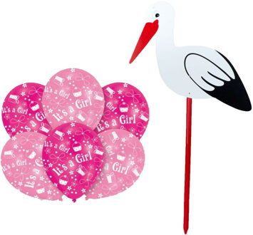 Geboorte versiering meisje - ooievaar geboorte bord - 100 cm hoog - 6x roze ballonnen
