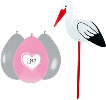 Geboorte versiering meisje - ooievaar geboorte bord - 100 cm hoog - 6x roze ballonnen