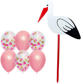 Geboorte versiering meisje - ooievaar geboorte bord - 100 cm hoog - 6x roze ballonnen
