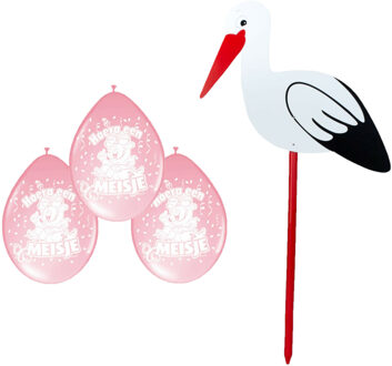 Geboorte versiering meisje - ooievaar geboorte bord - 100 cm hoog - 8x roze ballonnen