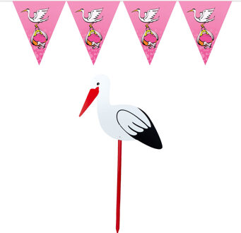 Geboorte versiering meisje - ooievaar geboorte bord - 100 cm hoog - vlaggenlijn roze - 10 meter