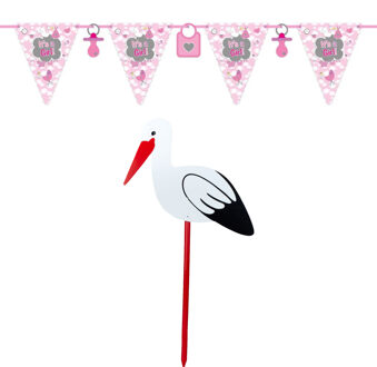 Geboorte versiering meisje - ooievaar geboorte bord - 100 cm hoog - vlaggenlijn roze - 12 meter
