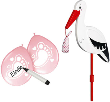 Geboorte versiering meisje - ooievaar geboorte bord - 77 cm hoog - 6x roze ballonnen