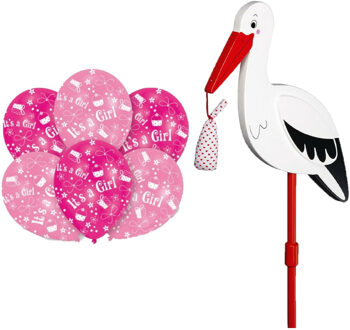 Geboorte versiering meisje - ooievaar geboorte bord - 77 cm hoog - 6x roze ballonnen