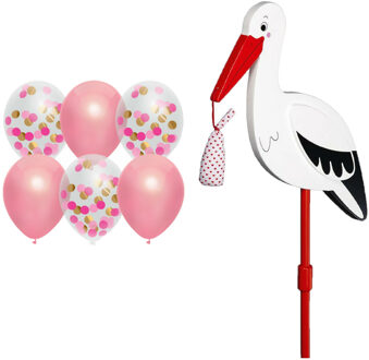 Geboorte versiering meisje - ooievaar geboorte bord - 77 cm hoog - 6x roze ballonnen