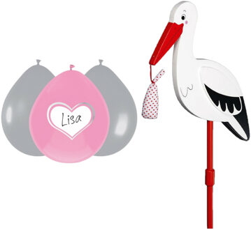 Geboorte versiering meisje - ooievaar geboorte bord - 77 cm hoog - 6x roze ballonnen