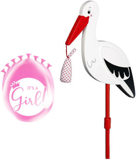 Geboorte versiering meisje - ooievaar geboorte bord - 77 cm hoog - 8x roze ballonnen