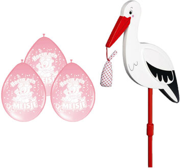 Geboorte versiering meisje - ooievaar geboorte bord - 77 cm hoog - 8x roze ballonnen