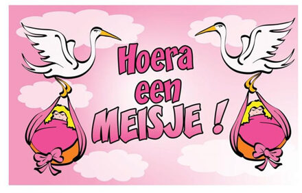 Geboorte vlag hoera een meisje - roze - 150 x 90 cm - polyester - feest versieringen Multi