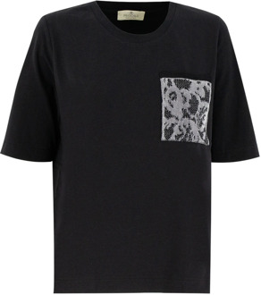 Geborduurd Crew Neck T-shirt Panicale , Black , Dames - L,S,Xs
