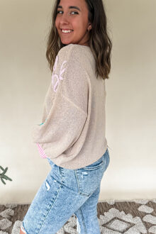 Geborduurde Bloemengebreide Trui - maat S Bruin