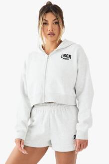 Geborduurde Boxy Crop Zip Through Hoodie, Ash Grey - M