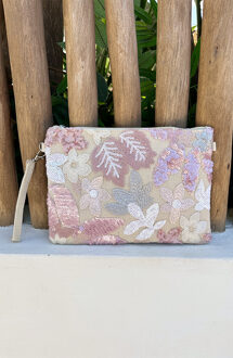 Geborduurde Clutch met Bloemen Roze Beige Beige/Roze